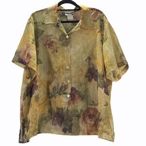 Marilyn B Sheer Short Sleeve Crinkle Tunic Top Blouse Muted Floral Size 3X